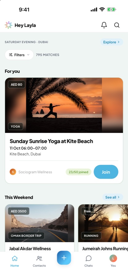 The Home screen: what's on this weekend, with a yoga session at Kite Beach to join