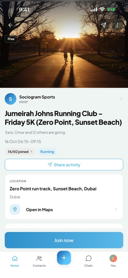 An activity page: a Friday 5K run with 14 of 50 joined
